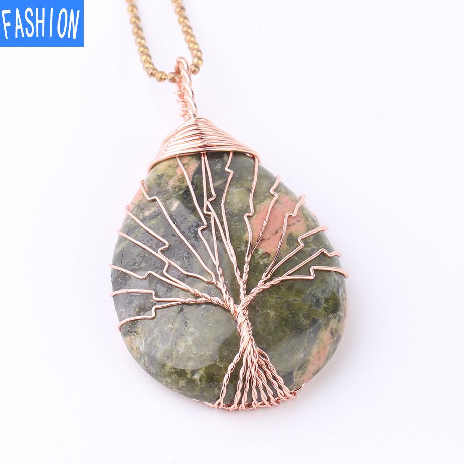 Große Roségold-Wassertropfen-Halskette mit gewundenem Anhänger, natürliche Kristall-Anhänger-Halskette, reiner handgefertigter Baum des Lebens