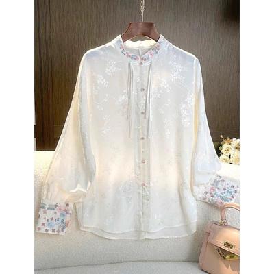 2025 Early Spring Cool Top White Embroidered Retro Shirt Zen Button