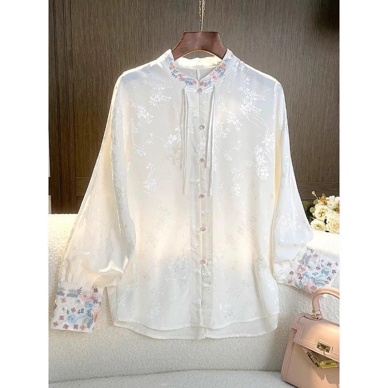 2025 Primăvara Devreme Top Cool Alb Cămașă Retro Brodată Buton Zen