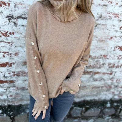 Damen Pullover Rollkragen Langarm Rippstrick Bündchen Strickoberteile Einfarbig Locker Saum Knopfdekor Strickware