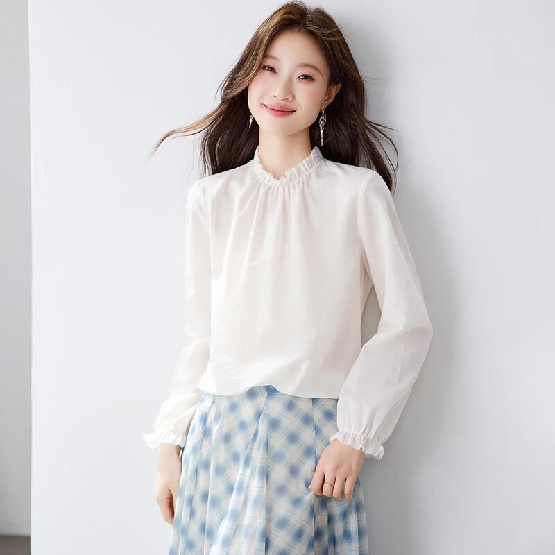 

Srcr 14 Momme Mulberry Silk Lace Stand Collar Long Sleeve T-Shirt L