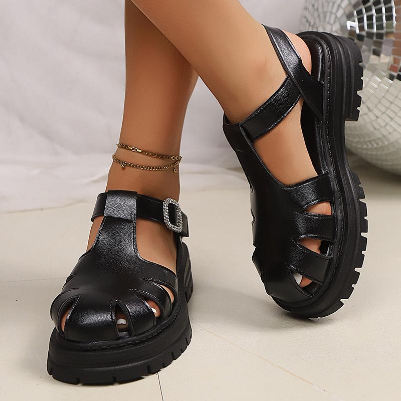 Fashion Black Pu Leather Thick Bottom Rome Sandals Women Summer Closed Toe Platform Sandles Woman Fashion Non Slip Beach Sandalias Mujer