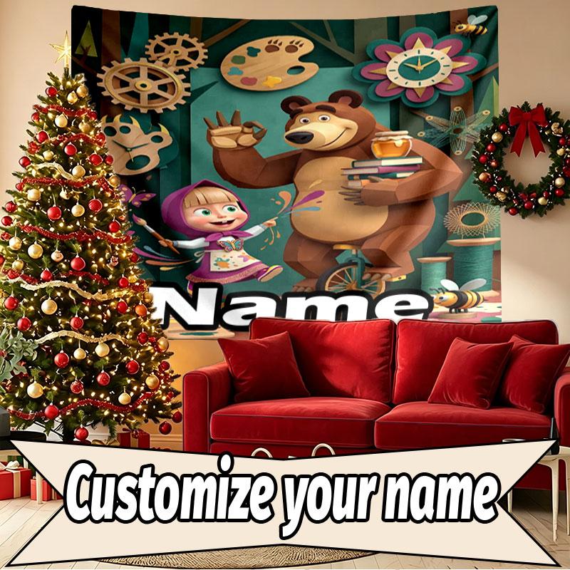 Custom Name Personalized Masha and the Bear Print Tapestry, Wall Art Decor, Bedroom, Dorm, Apartment, LivingRoom, Party Backdrop, Gift for Birthday