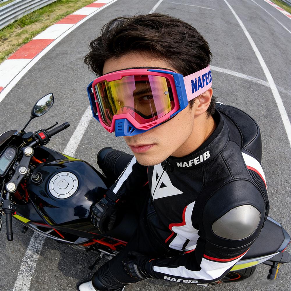 NAFEIB Motocross Goggles with Storage Bag Anti-UV Windproof Dustproof Dirt Bike ATV Off-Road Racing Goggles for Men Women