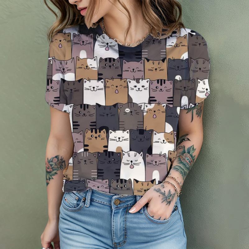 2024 New Fashion Women's T Shirt Cute Cat Printed Short Sleeve Round Neck Fun Pattern T Shirt Summer Home Casual Women's Tops