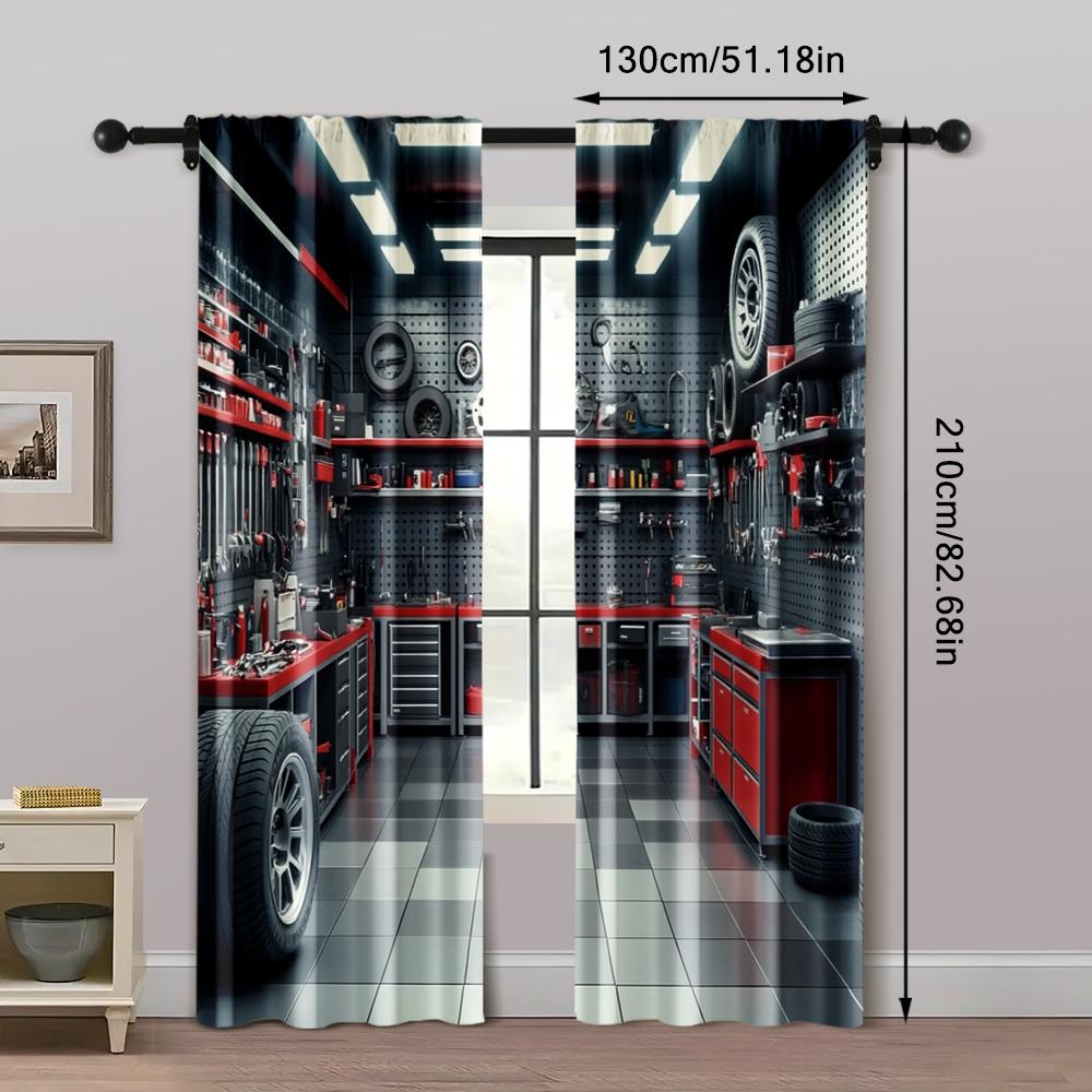 2pcs, Curtains Digital Printed Garage Tools Workshop Versatile 100% Polyester (without rod) Holiday Ldeal for Living Room and