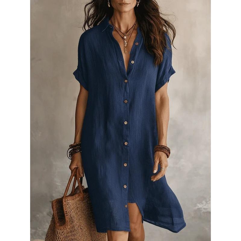 QICED Fashion Summer Spring Solid Color Print Short Sleeve POLO Neck Casual Dresses
