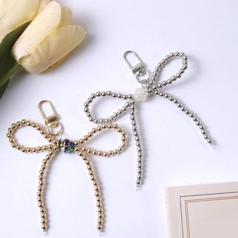 Fashion Beaded Bowknot Charm Keychains Sweet Cool Pendant Ornament Keyring Backpack Decoration Jewelry for Women Girls