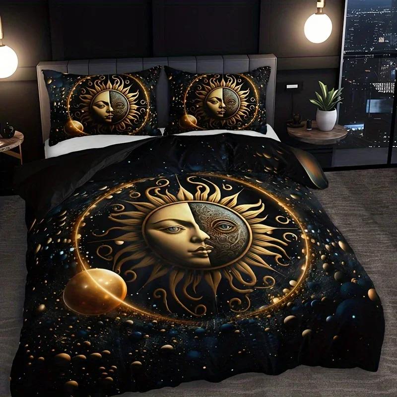 Moon Stars Celestial Sun Duvet Cover Set Golden Printed Bedding Set For Home Decor