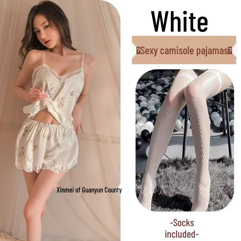 Silk Lace Trim Backless Camisole & Nightgown Set for Women