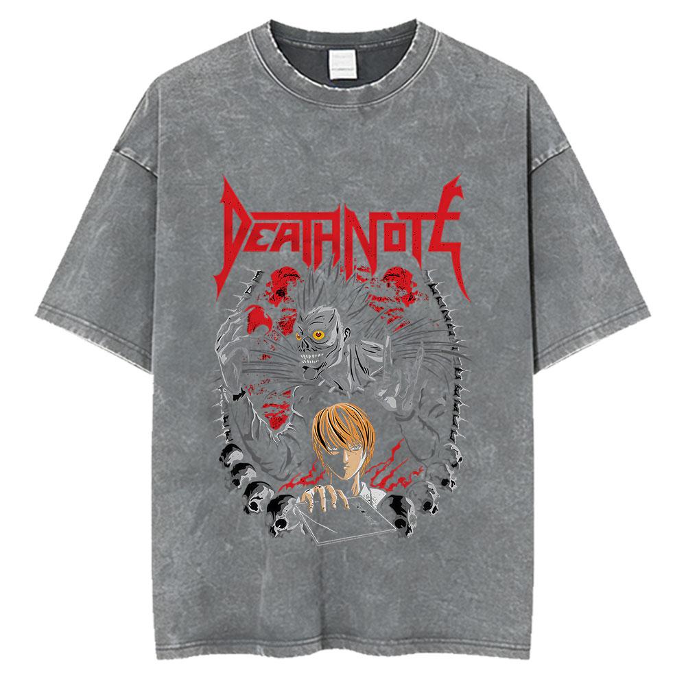 Anime Death Note Ryuk Yagami Light Vintage gewaschenes T-Shirt Herrenbekleidung Baumwoll-T-Shirt Mode Kurzarm-T-Shirts Streetwear