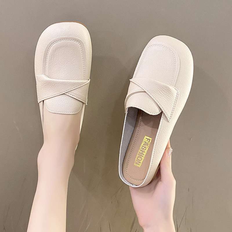 One pedal soft leather bag head half drag women's shoes summer pregnant women wear lazy shoes soft sole non-slip Doudou casual shoes