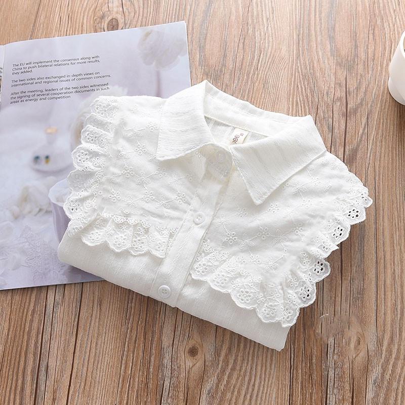 2022 Girls' Long Sleeve Lace White Shirt - Casual Spring Toddler & Student Apparel