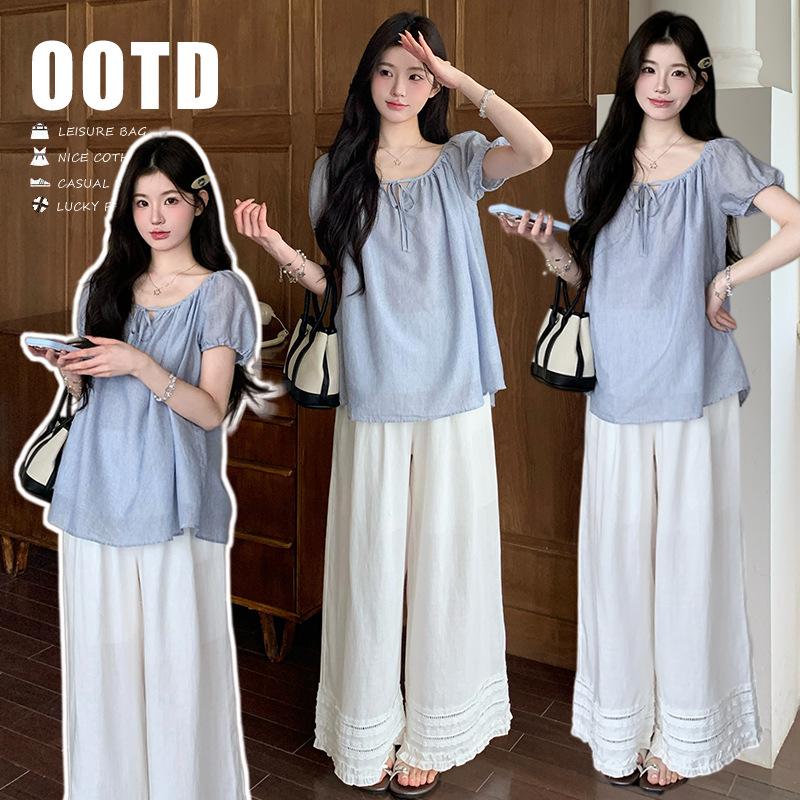 In-Stock Summer Maternity Blue Stripe Cotton Tie-Up Loose Top & Wide-Leg Pants Set XL