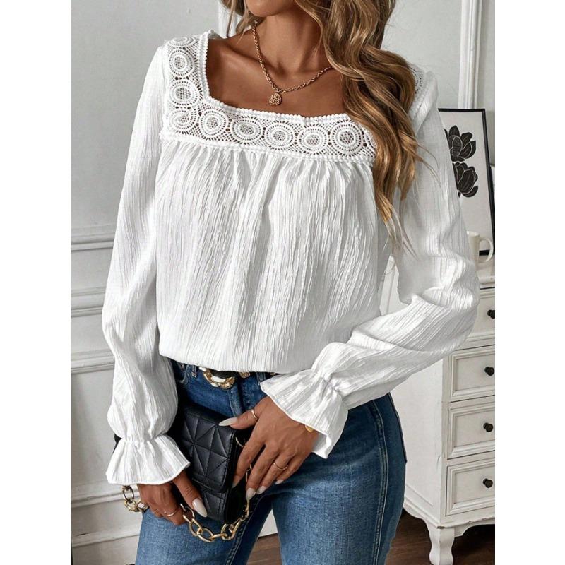 Blusa da Donna con Scollo Quadrato e Bordi in Pizzo, Texture Pieghettata, Maniche Lunghe a Svasatura, Top Casual Monocolore