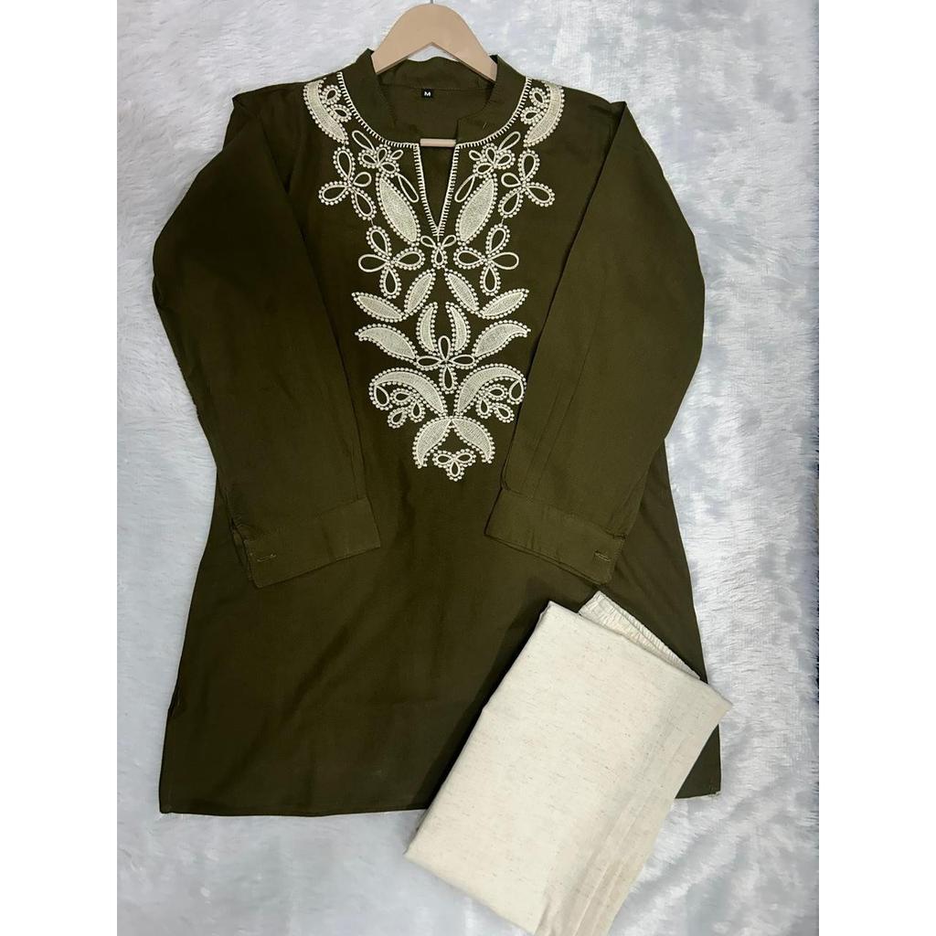 Czysta bawełna Haftowana Kurti z Zestawem Spodni Indyjski Bollywood Top Kurta Zestaw Sznurkowy