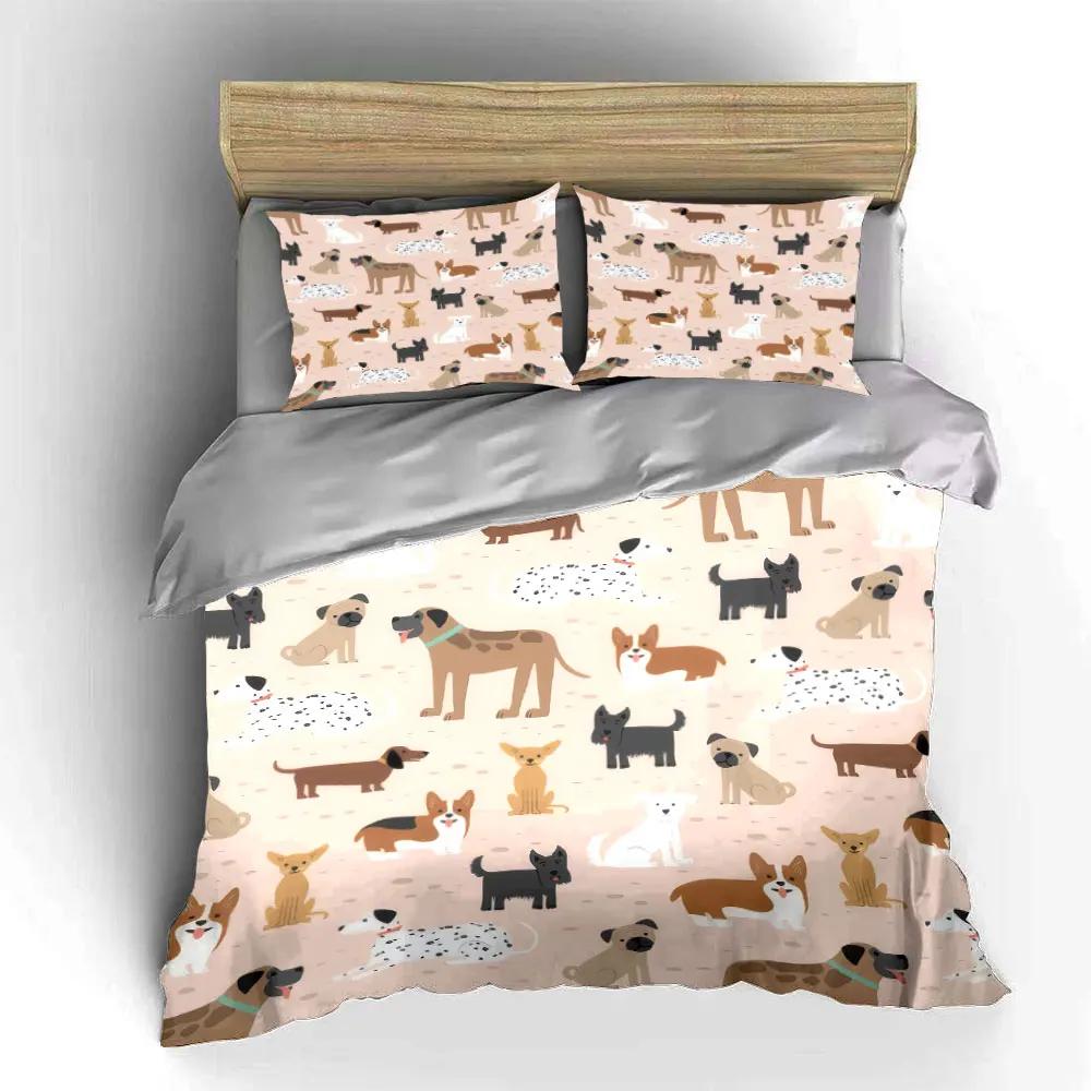 Cute Dog Pattern Three-Piece Set Bedding Set with 1 Duvet Cover 2 Pillowcases Single Double King Queen Gift