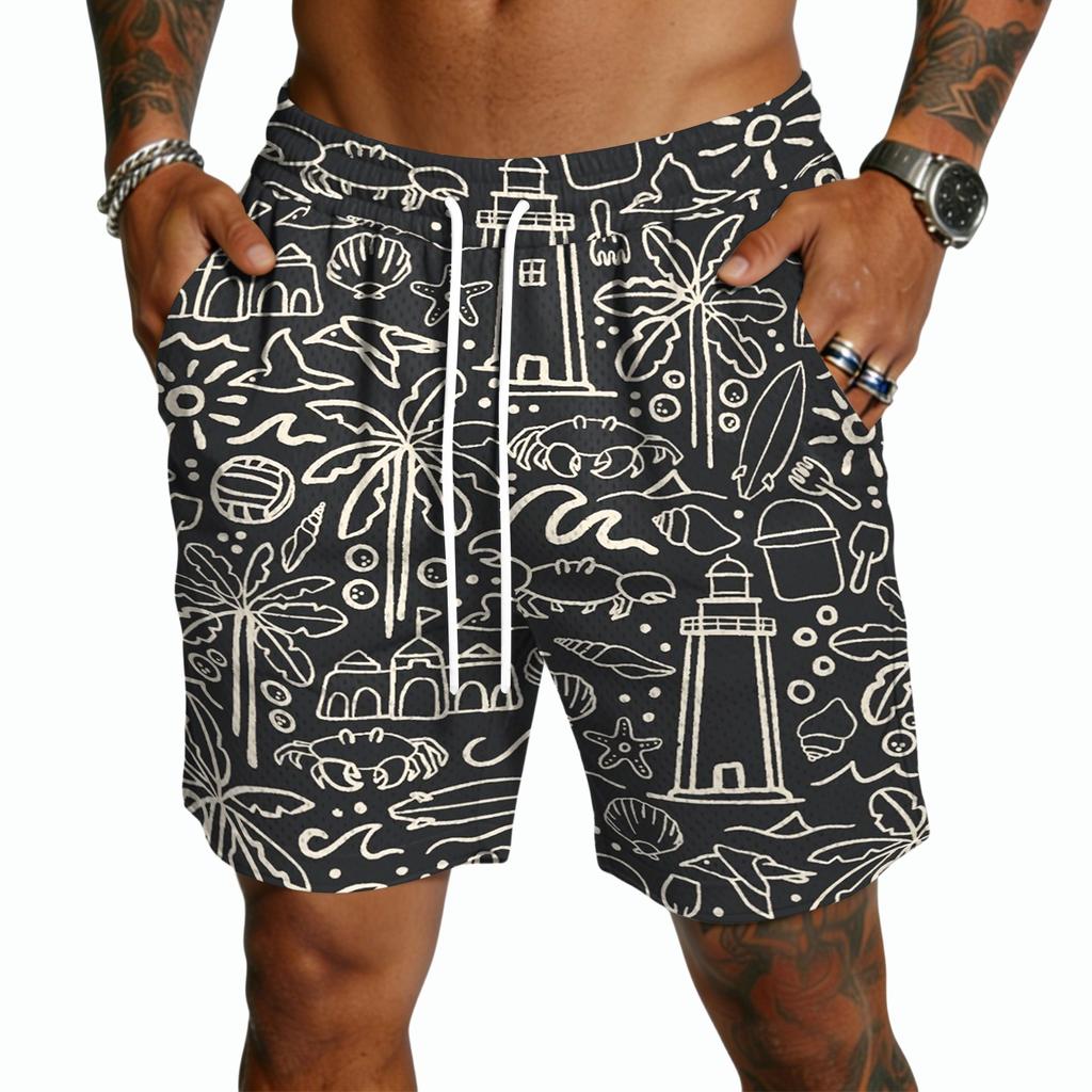 Men Drawstring Casual Shorts Lightweight Quick Dry Summer Shorts Five Inch Inseam with Tropical Tree Print for Outdoor Beach Sports