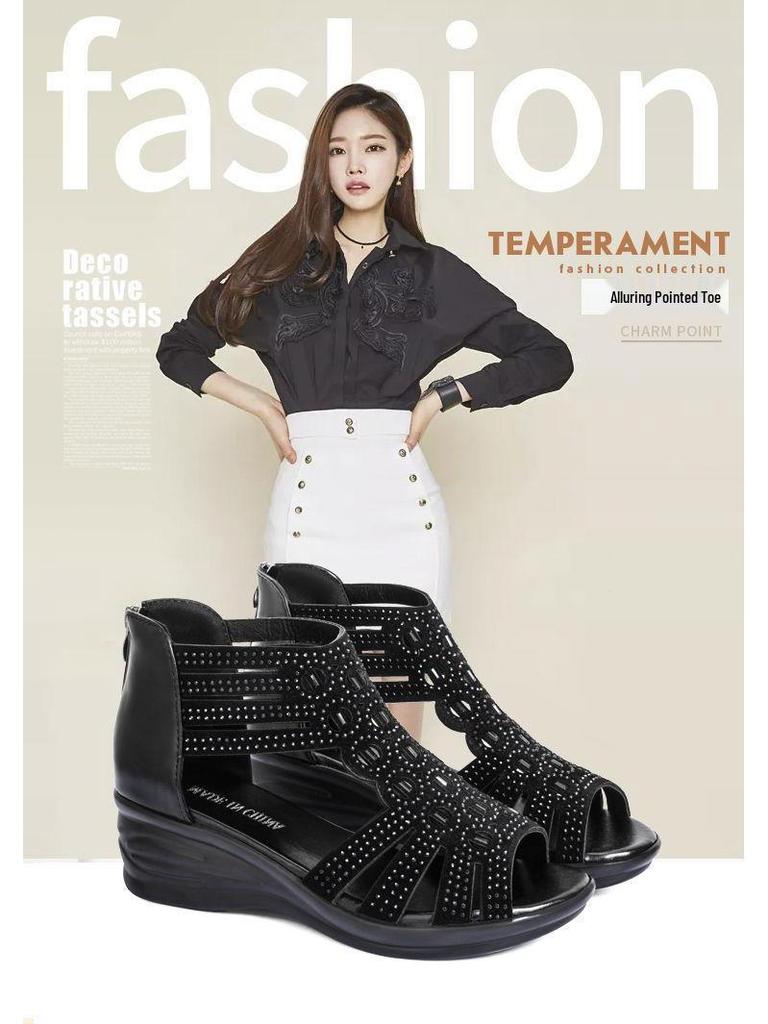 2024 Women's Rhinestone Peep Toe Wedge Sandals - Summer Mid Heel, Soft Sole, Open Toe