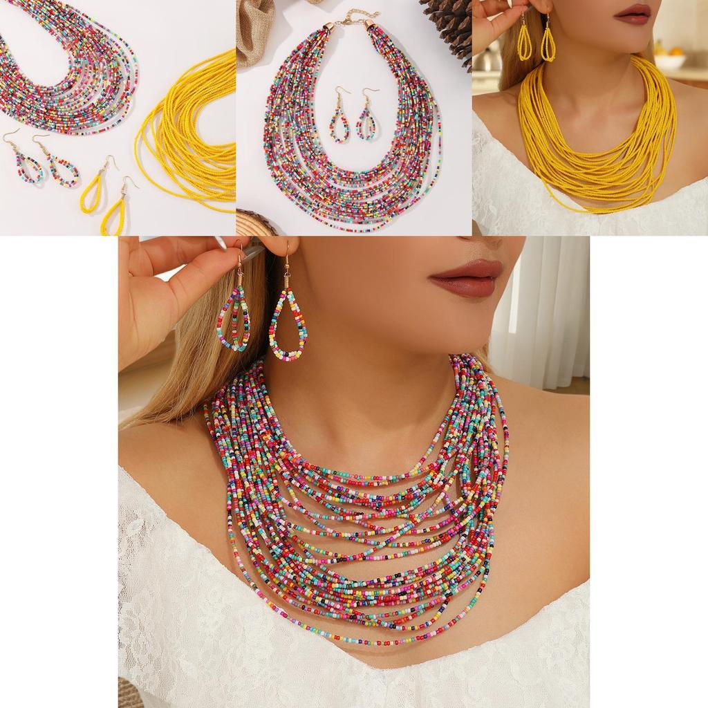 Geometric Glass Beaded Necklace And Earring Set For Women With Multi Layer Design For Fashion Accessories