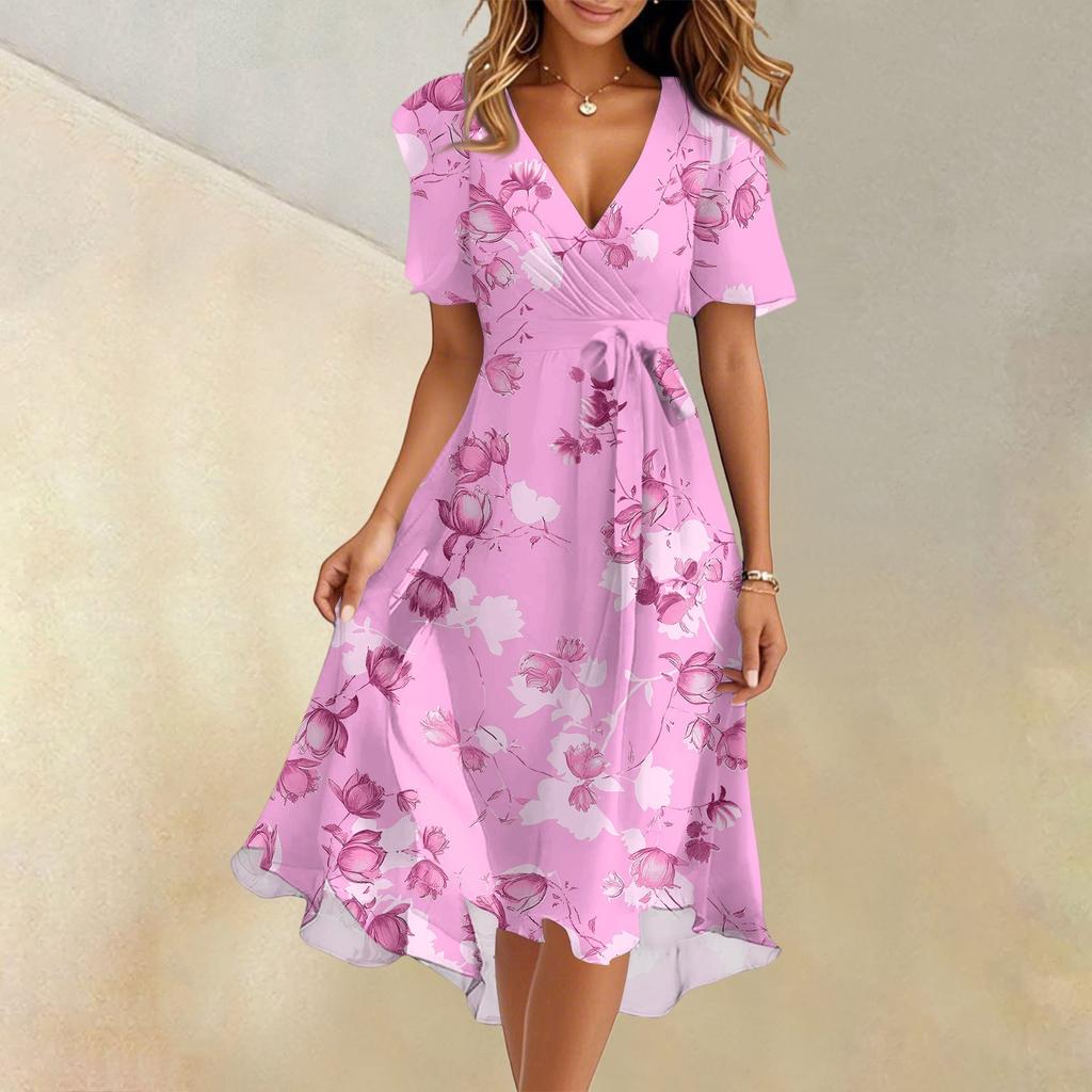 Dámské letní módní šaty s výstřihem do V a rozšířenou sukní, s krátkým rukávem, květinové šaty
