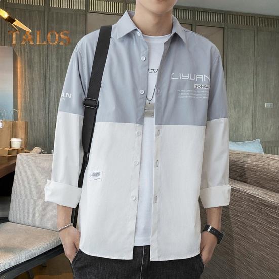 Vår høst herre skjorte turn-down krage trykt colorblock button-down cardigan løs Streetwear Young Cargo Style skjorte kåpe