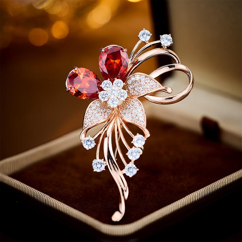 Rose Gold Zircon-set Floral Brooch with Elegant and Luxurious Design, Perfect Accessory for Clothes, Featuring a Pin