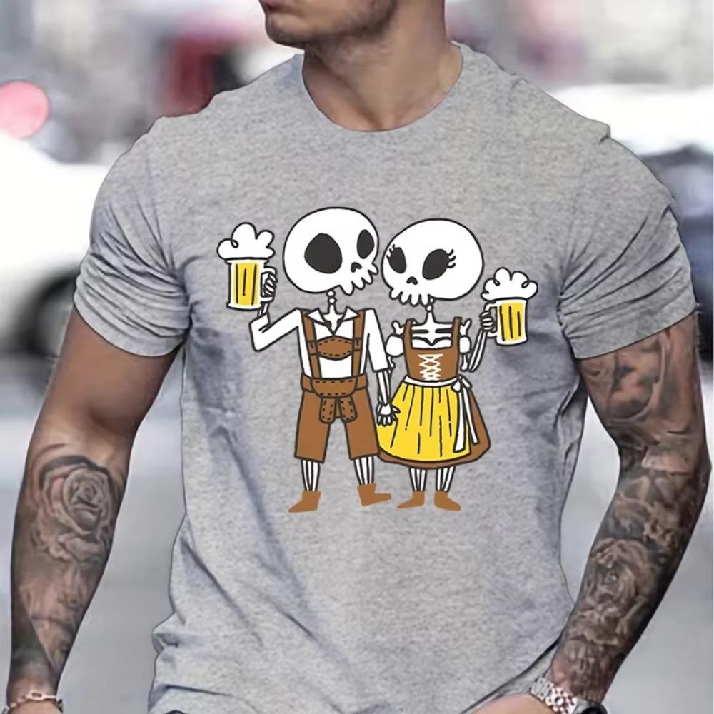 Skeleton Couple Drinking Beer Print T-shirts Beer Lover Essential Summer Clothes Skull Cheers Beers Print Fashion Mens T-shirt