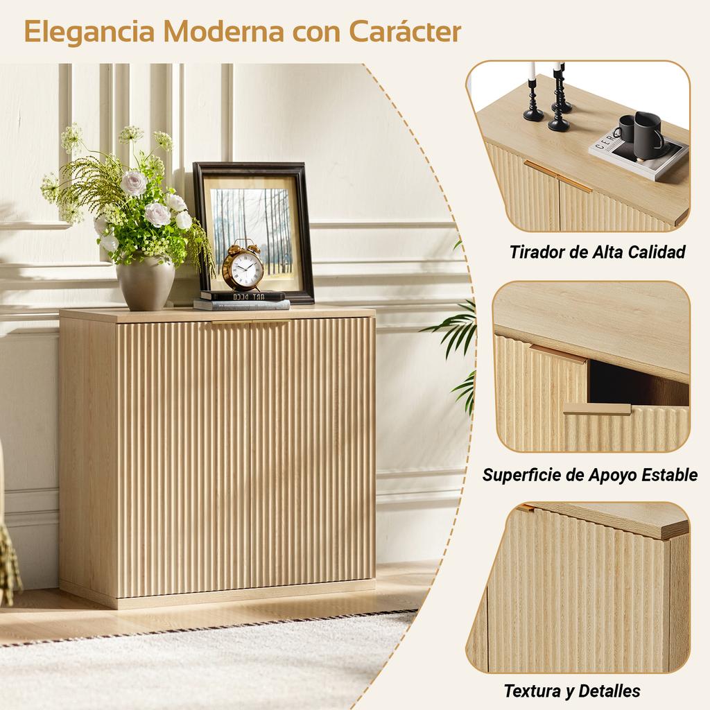 Modern Storage Cabinet with Pleated Front and Metal Handle, Multifunctional Sideboard for Living Room & Bedroom, Light Wood Decor, Oak, 60x30x70 cm