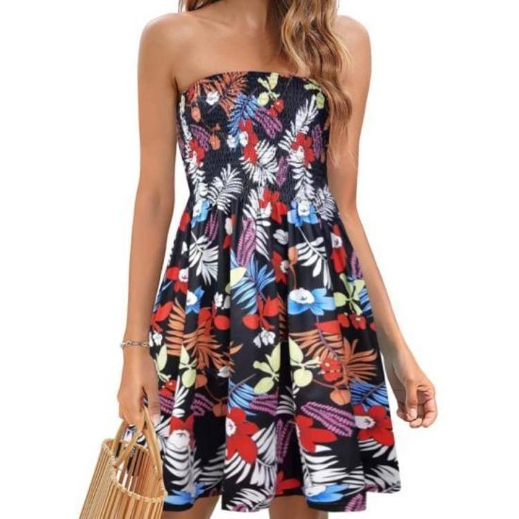 Summer Off Shoulder Dress Women Sleeveless Backless Bohemian Floral Printed A-line Elastic Bust Knee Length Beach Vacation Bandeau Dress