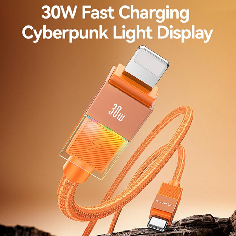 USAMS SJ776 U93 1.2m 30W Fast Charging Braided Cable Type-C to Lightning Data Cord with LED Light