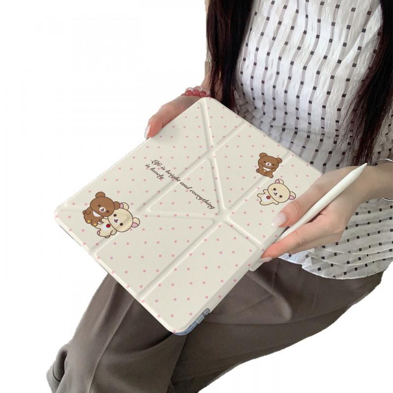 Kawaii Bear Polka Dot Y-Fold Tri-Folio Case IPad 11 Air 7 6 10 With Pencil Slot Cartoon Style