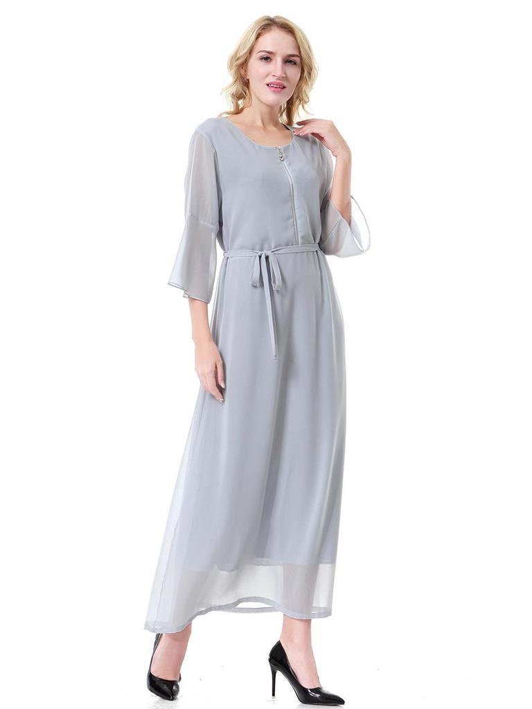 Women's Chiffon Round Neck Short Sleeve Ankle-Length Maxi Dress (Model: TH915)