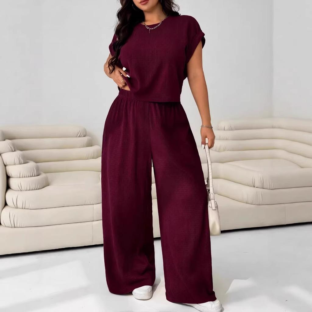 Plus Size Women 2 Piece Outfits Short Sleeve Crop Top Elastic Wide Leg Pants Casual Lounge Set Summer 2026