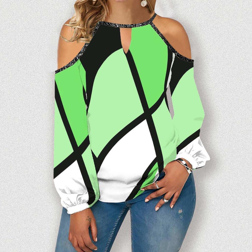 Women's Fashion Casual Temperament Round Neck Off-shoulder Irregular Color Long Sleeve T-shirt Top