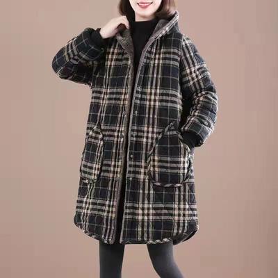 Baumwolljacke für Damen, Herbst und Winter, lange Kapuze, kariert, verdickt, große warme Baumwolljacke