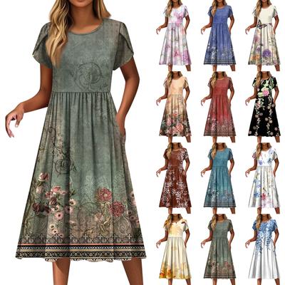 Women's Fashion Casual Loose Printed Round Neck Pocket Short Sleeve Dresses