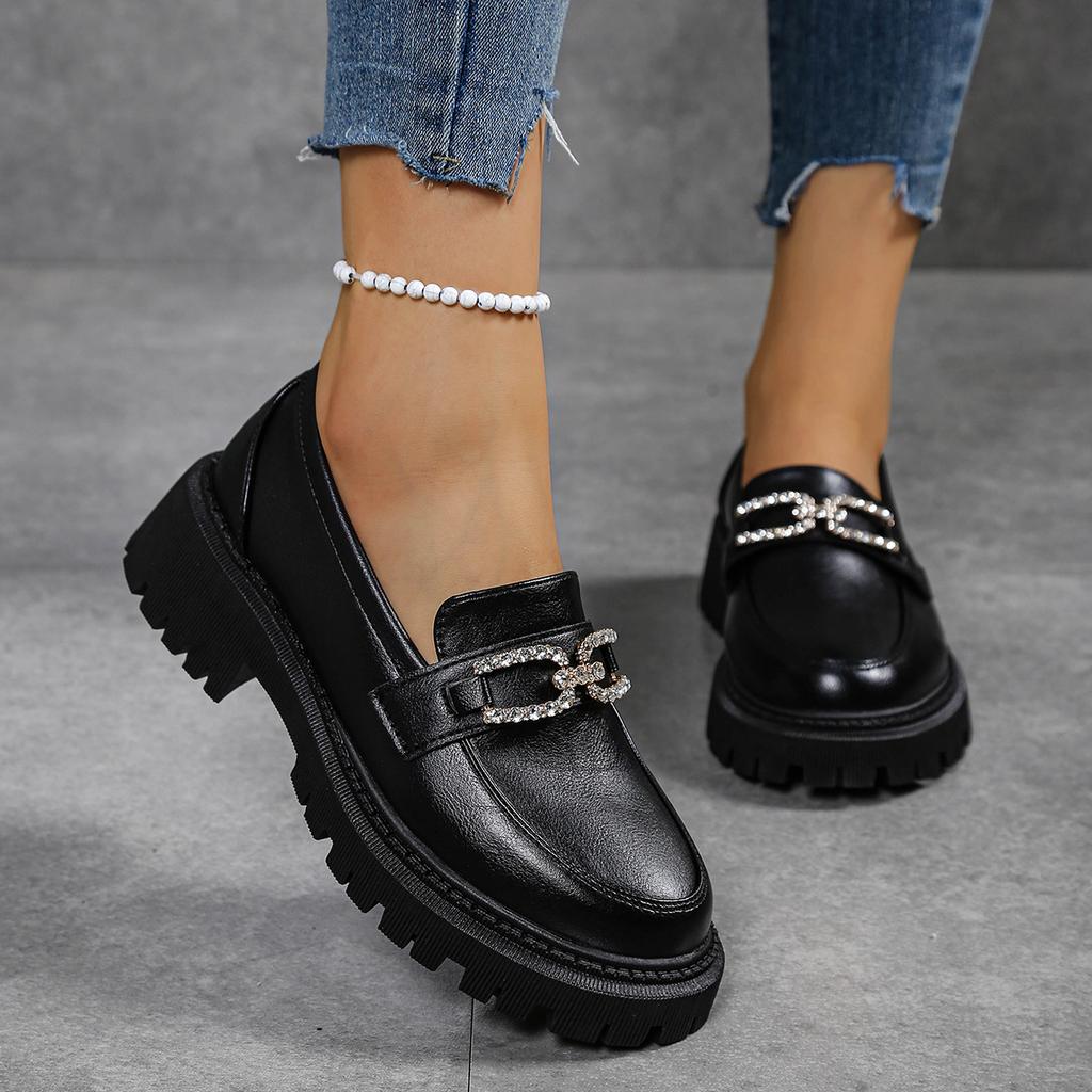 Large Size Small Leather Shoes Women's Spring and Autumn Thick-soled British Women's Shallow Mouth Rhinestone Buckle Single Shoes Women