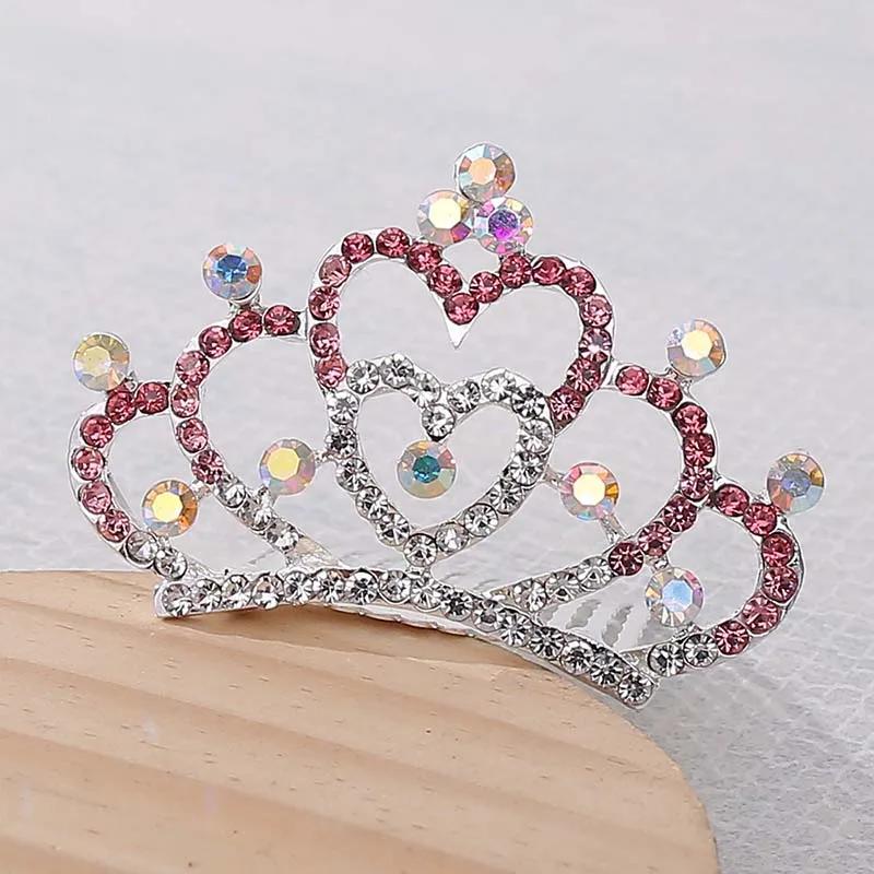Girls Hair Accessories Mini Crown for Kids Bling Rhinestone Tiaras Hair Combs Princess Diadem Love Heart Shaped Headbands
