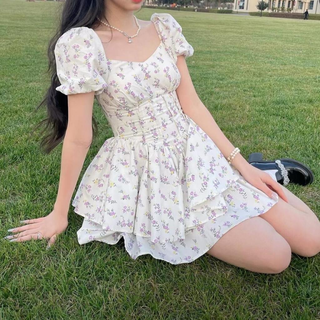 Grape Purple Puff Sleeve Floral Bodycon Mini Dress