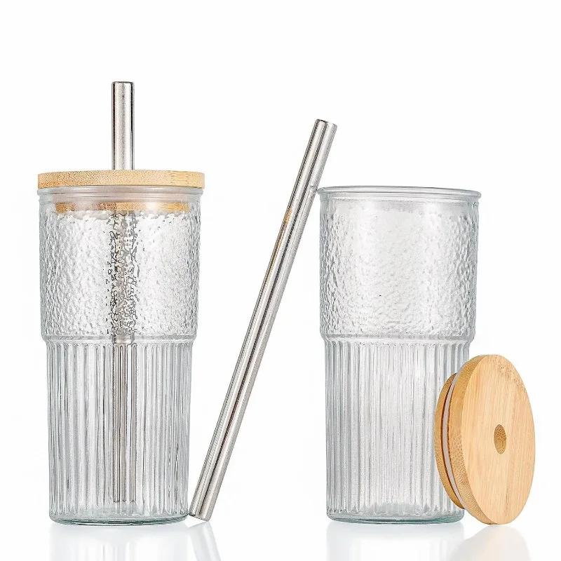 Wooden Cover Coffee Cups Hammer Pattern Beer Cup Pearl Milk Tea Glass Cup 20oz Straw Latte Drinkware Kitchen Dining Bar Home