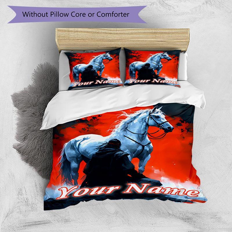 3PC Custom Name Rider White Horse Bedding Set Duvet Cover Closure Includes 1 Duvet Cover & 2 Pillowcases for Bedroom