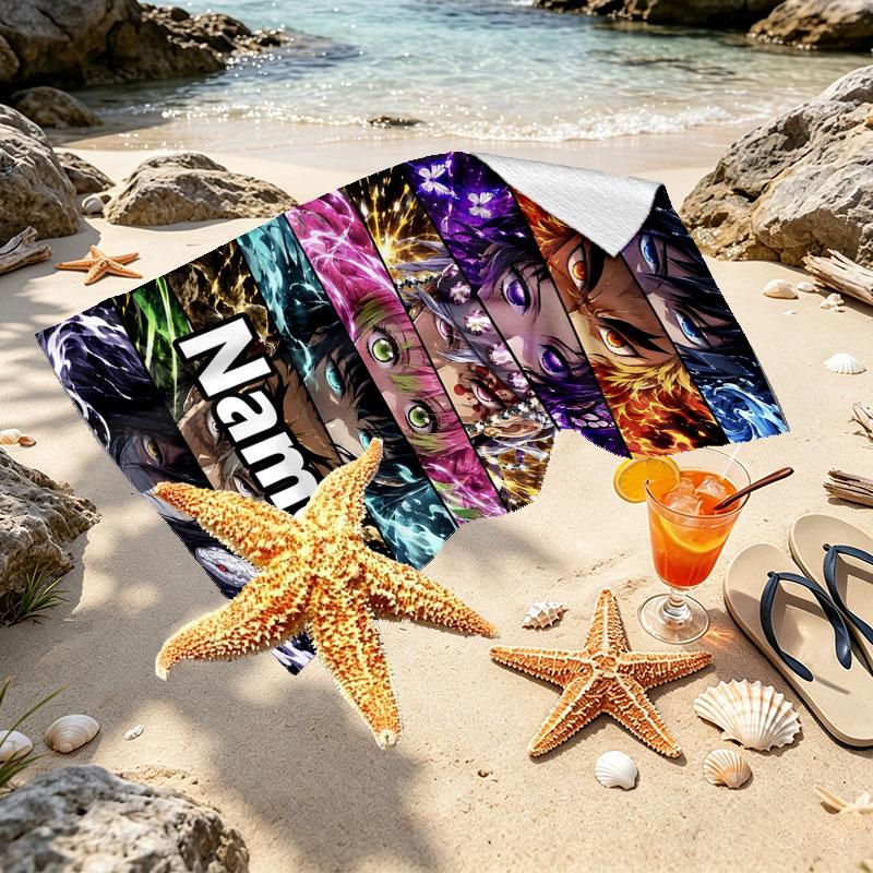 Personalisierbares Strandtuch mit Demon Slayer Aufdruck und individuellem Namen, für Reise, Camping, Strandparty, Heimdekoration, Geburtstagsgeschenk für Familie & Freunde