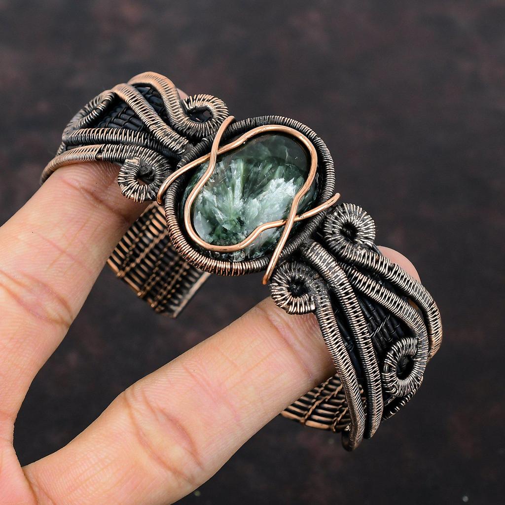 Seraphinite Cuff Bracelet Copper Wire Wrapped Bangle Beautiful Gemstone Jewelry Handmade Copper Cuff Bracelet Gift For Her Adjustable Bangle