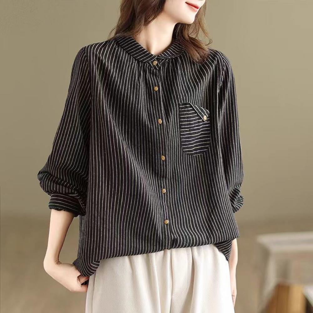 Spring and Autumn Cotton and Linen Long-sleeved Striped Pure Cotton Shirt Artistic Top