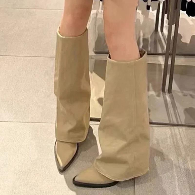 Fashion Knee High Heels Women Boots Leather Chunky Fashion Shoes Pointed Toe Snow Long Boots New Designer Pumps