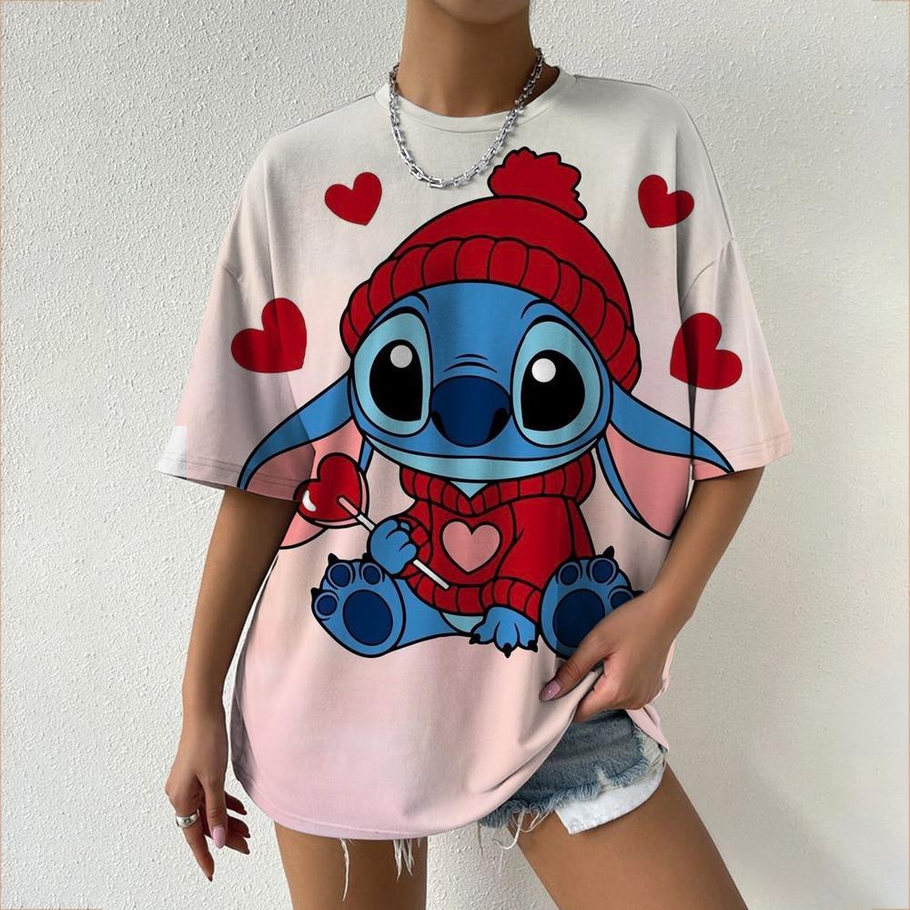 Kawaii Women's T-shirt Disney Lilo&Stitch Casual Y2k T-shirt Round Neck Short Sleeved T-shirt 2025 Summer Women's Clothing