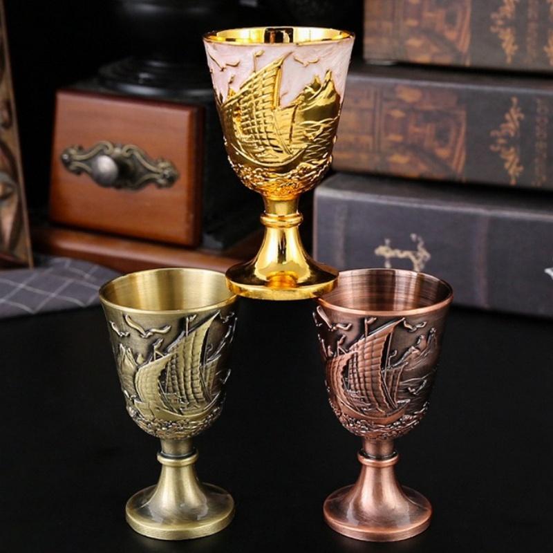 Holy Grail, Alloy Retro Relief Sailing Cup, European Portable Mini Vodka Glass, Creative Home Living Room Decoration Gift, 1pcs
