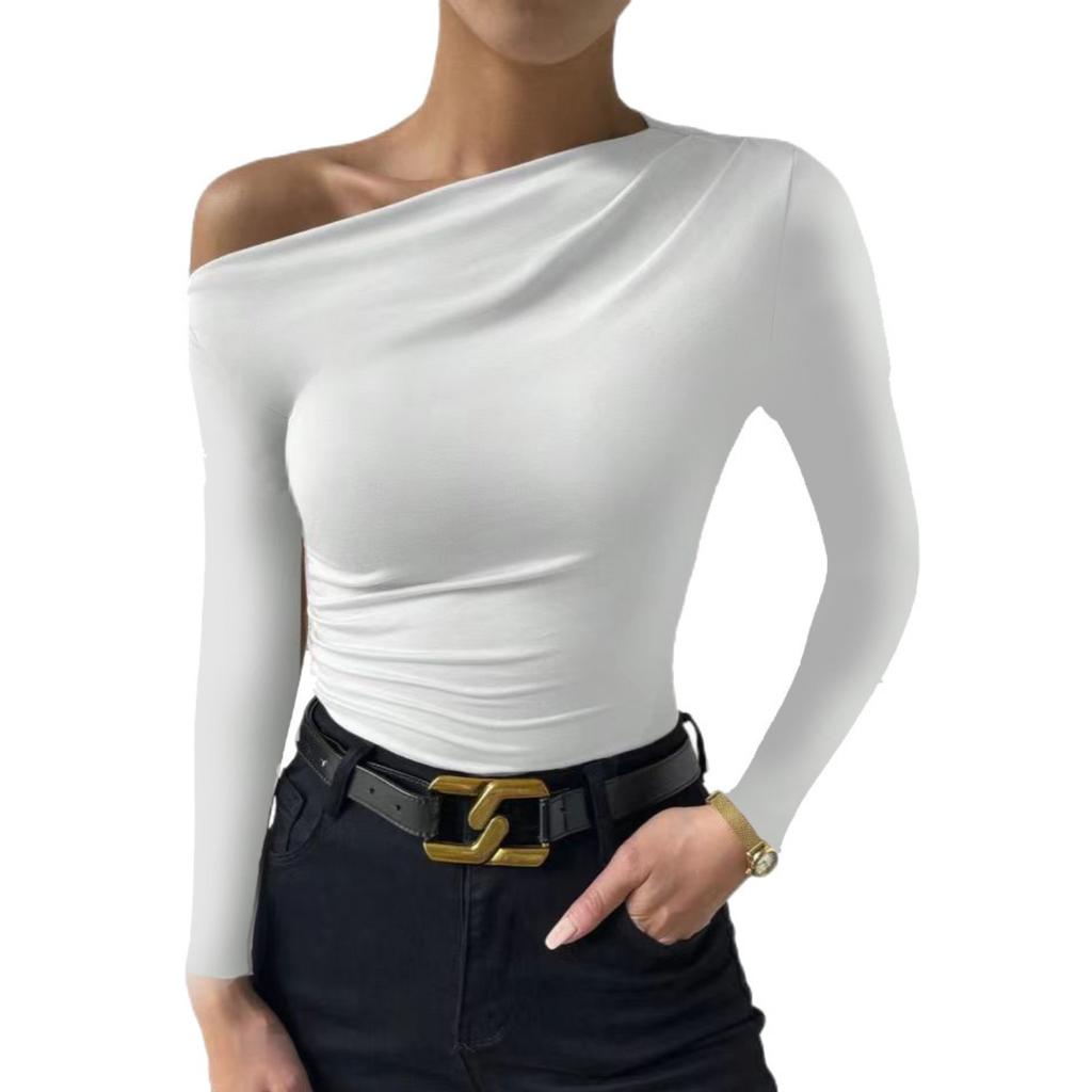 Women's Oblique Collar Short Sleeve Slim Fit Ruched Top Solid Color Casual Blouse