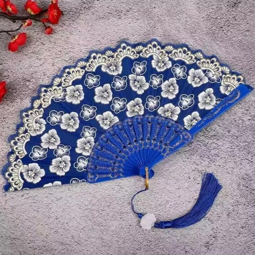 Elegant Flower Pattern Chinese Folding Fan Traditional Vintage Dance Fan Portable with Tassel Decorative Fan Photo Prop
